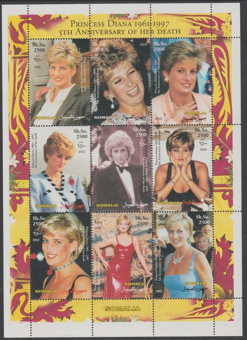 Somalia 2002 Fifth Death Anniversary of Princess Diana perf sheetlet containing 9 values unmounted mint. Note this item is privately produced and is offered purely on its thematic appeal, it has no postal validity, stamps on , stamps on  stamps on royalty, stamps on  stamps on diana, stamps on  stamps on 