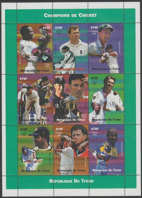 Chad 2002 Cricket Champions perf sheetlet containing 9 values unmounted mint. Note this item is privately produced and is offered purely on its thematic appeal, it has no postal validity, stamps on , stamps on  stamps on sports, stamps on  stamps on cricket