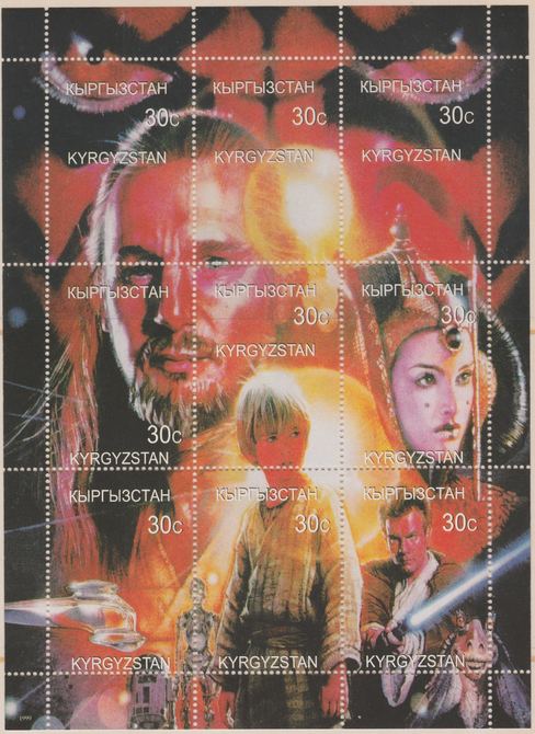 Kyrgyzstan2000 (?) Star Wars perf sheetlet containing 9 values unmounted mint. Note this item is privately produced and is offered purely on its thematic appeal, it has no postal validity, stamps on films, stamps on movies, stamps on cinema, stamps on sci-fi, stamps on star wars
