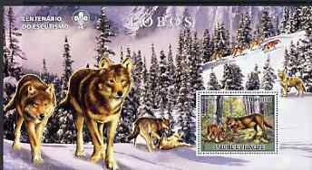 St Thomas & Prince Islands 2007 Wolves large perf s/sheet containing 1 value (Scout logo in background) unmounted mint, stamps on , stamps on  stamps on animals, stamps on  stamps on wolf, stamps on  stamps on wolves, stamps on  stamps on scouts