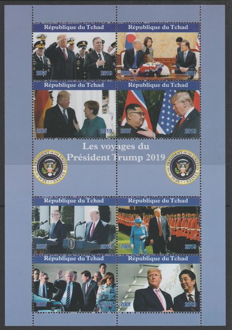 Chad 2019 Presidential Visits of Donald Trump perf sheetlet containing 8 values unmounted mint. Note this item is privately produced and is offered purely on its thematic appeal, it has no postal validity, stamps on trump.usa presidents, stamps on constitutions
