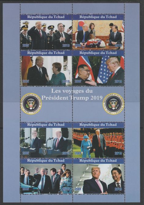 Chad 2019 Presidential Visits of Donald Trump perf sheetlet containing 8 values unmounted mint. Note this item is privately produced and is offered purely on its thematic..., stamps on trump.usa presidents, stamps on constitutions