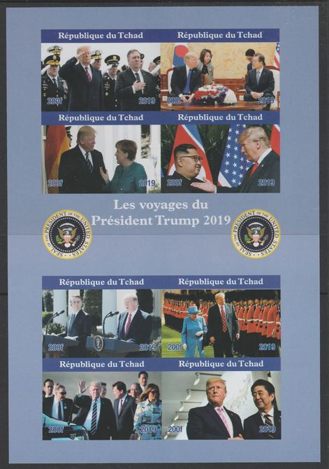 Chad 2019 Presidential Visits of Donald Trump imperf sheetlet containing 8 values unmounted mint. Note this item is privately produced and is offered purely on its thematic appeal, it has no postal validity, stamps on trump.usa presidents, stamps on constitutions