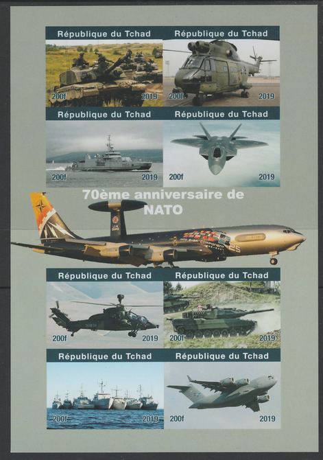 Chad 2019 75th Anniversary of NATO imperf sheetlet containing 8 values unmounted mint. Note this item is privately produced and is offered purely on its thematic appeal, ..., stamps on nato, stamps on aviation, stamps on ships, stamps on militaria, stamps on helicopters