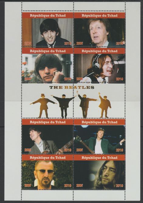 Chad 2019 The Beatles perf sheetlet containing 8 values unmounted mint. Note this item is privately produced and is offered purely on its thematic appeal, it has no postal validity, stamps on , stamps on  stamps on music, stamps on  stamps on pops, stamps on  stamps on bearles, stamps on  stamps on rock