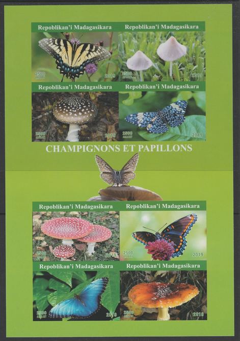 Madagascar 2019 Butterflies & Fungi imperf sheetlet containing 8 values unmounted mint. Note this item is privately produced and is offered purely on its thematic appeal, it has no postal validity, stamps on butterflies, stamps on fungi