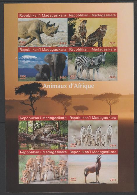 Madagascar 2019 Animals of Africa imperf sheetlet containing 8 values unmounted mint. Note this item is privately produced and is offered purely on its thematic appeal, it has no postal validity, stamps on , stamps on  stamps on animals, stamps on  stamps on rhinos, stamps on  stamps on elephants, stamps on  stamps on zebra, stamps on  stamps on lions, stamps on  stamps on cats, stamps on  stamps on 