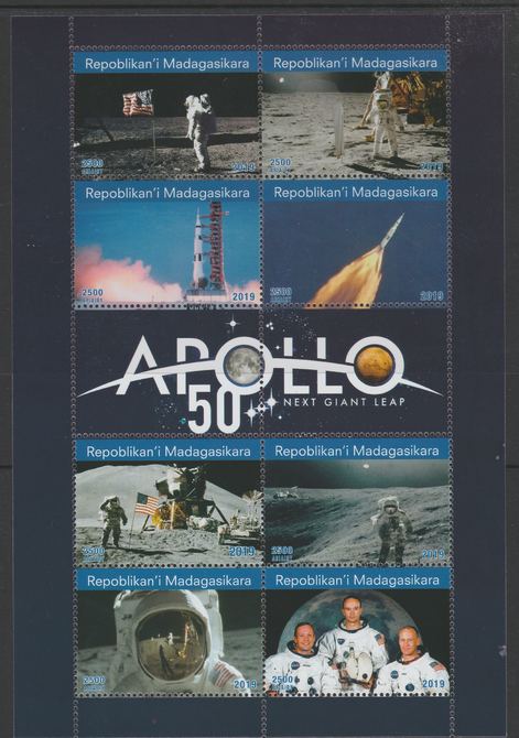 Madagascar 2019 Fifty Years of Apollo perf sheetlet containing 8 values unmounted mint. Note this item is privately produced and is offered purely on its thematic appeal, it has no postal validity, stamps on , stamps on  stamps on space, stamps on  stamps on apollo