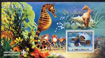 St Thomas & Prince Islands 2007 Fish large perf s/sheet containing 1 value (Scout logo in background) unmounted mint, stamps on , stamps on  stamps on fish, stamps on  stamps on scouts, stamps on  stamps on marine life, stamps on  stamps on shells