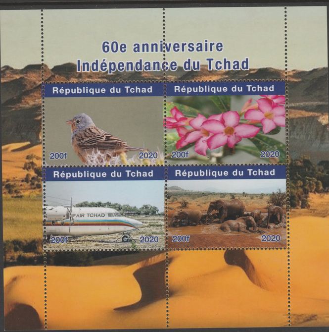 Chad 2020 60th Anniversary of Independence #1 perf sheetlet containing 4 values unmounted mint. , stamps on birds, stamps on flowers, stamps on aviation, stamps on animals, stamps on elephants
