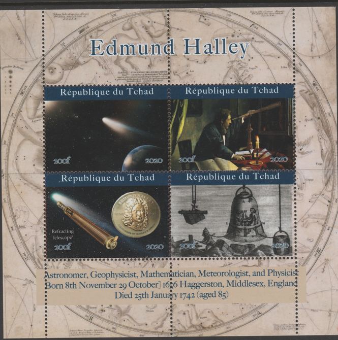 Chad 2020 Edmund Halley perf sheetlet containing 4 values unmounted mint. , stamps on , stamps on  stamps on space, stamps on  stamps on comets, stamps on  stamps on halley, stamps on  stamps on telescopes