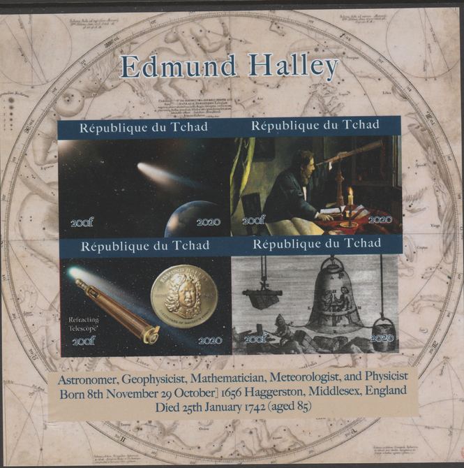 Chad 2020 Edmund Halley imperf sheetlet containing 4 values unmounted mint. , stamps on space, stamps on comets, stamps on halley, stamps on telescopes