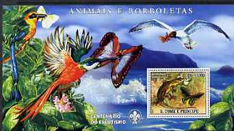 St Thomas & Prince Islands 2007 Animals & Butterflies #1 large perf s/sheet containing 1 value (Scout logo in background) unmounted mint, stamps on , stamps on  stamps on birds, stamps on  stamps on animals, stamps on  stamps on butterflies, stamps on  stamps on reptiles, stamps on  stamps on lizards, stamps on  stamps on scouts