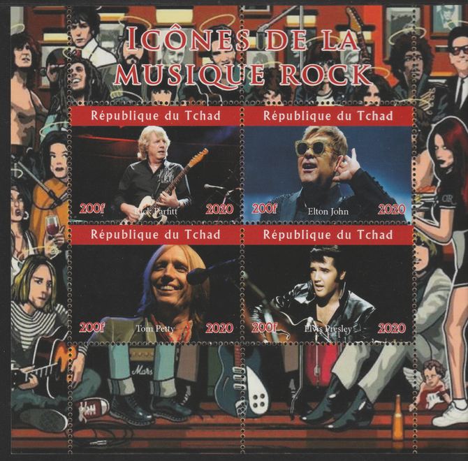 Chad 2020 Rock Music Icons of the Twentieth Century - Parfitt,Petty, Elton John & Elvis perf sheetlet containing 4 values unmounted mint. , stamps on music, stamps on rock, stamps on pops, stamps on elvis