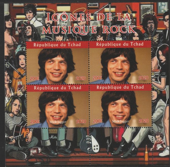 Chad 2020 Rock Music Icons of the Twentieth Century - Mick Jagger perf sheetlet containing 4 values unmounted mint. , stamps on music, stamps on rock, stamps on pops, stamps on stones