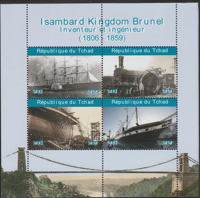 Chad 2020 Isambard Kingdom Brunel perf sheetlet containing 4 values unmounted mint. , stamps on , stamps on  stamps on personalities, stamps on  stamps on brunel, stamps on  stamps on ships, stamps on  stamps on railways, stamps on  stamps on bridges