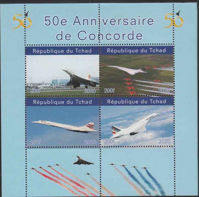 Chad 2020 50th Anniversary of Concorde perf sheetlet containing 4 values unmounted mint. , stamps on aviation, stamps on concorde