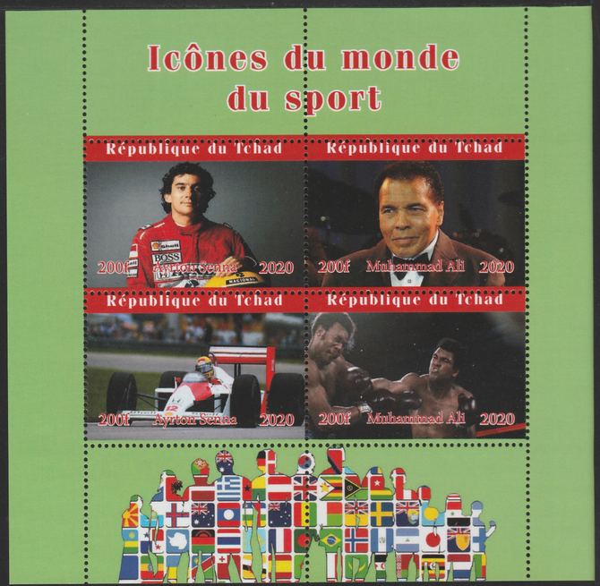Chad 2020 Icons from the World of Sport #3 perf sheetlet containing 4 values unmounted mint, stamps on senna, stamps on  f1 , stamps on cars, stamps on boxing, stamps on  ali , stamps on 