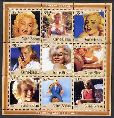 Guinea - Bissau 2001 Marilyn Monroe #2 perf sheetlet containing 9 values (9 x 350 FCFA) unmounted mint Mi 1920-28, stamps on , stamps on  stamps on personalities, stamps on  stamps on movies, stamps on  stamps on cinema, stamps on  stamps on films, stamps on  stamps on marilyn monroe