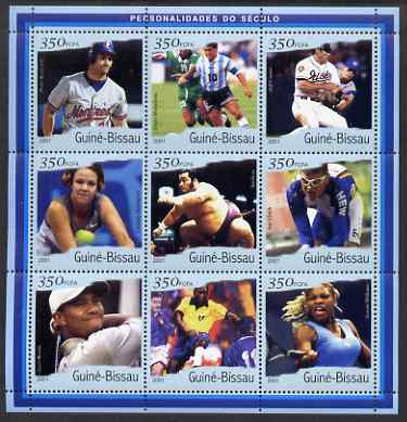 Guinea - Bissau 2001 Sports Personalities perf sheetlet containing 9 values (9 x 350 FCFA) unmounted mint Mi 1947-55, stamps on , stamps on  stamps on personalities, stamps on  stamps on sport, stamps on  stamps on football, stamps on  stamps on baseball, stamps on  stamps on sumo, stamps on  stamps on wrestling, stamps on  stamps on golf, stamps on  stamps on martial arts, stamps on  stamps on bicycles, stamps on  stamps on tennis, stamps on  stamps on 