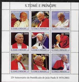 St Thomas & Prince Islands 2003 Pope John Paul II perf sheetlet #1 containing 9 values unmounted mint Mi 2389-97, stamps on personalities, stamps on popes, stamps on religion, stamps on pope