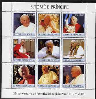 St Thomas & Prince Islands 2003 Pope John Paul II perf sheetlet #2 containing 9 values unmounted mint Mi 2380-88, stamps on , stamps on  stamps on personalities, stamps on  stamps on popes, stamps on  stamps on religion, stamps on  stamps on pope