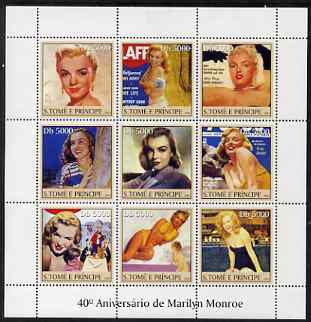 St Thomas & Prince Islands 2003 Marilyn Monroe perf sheetlet #2 containing 9 values unmounted mint Mi 2400-08, stamps on , stamps on  stamps on personalities, stamps on  stamps on women, stamps on  stamps on movies, stamps on  stamps on films, stamps on  stamps on marilyn monroe, stamps on  stamps on cinema