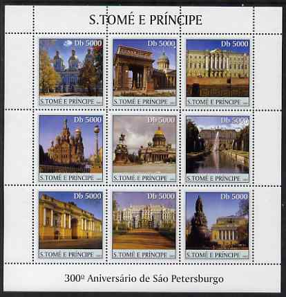 St Thomas & Prince Islands 2003 300th Anniversary of St Petersburg perf sheetlet containing 9 values (Monuments) unmounted mint Mi 2449-57, stamps on , stamps on  stamps on buildings, stamps on  stamps on monuments, stamps on  stamps on fountains, stamps on  stamps on architecture