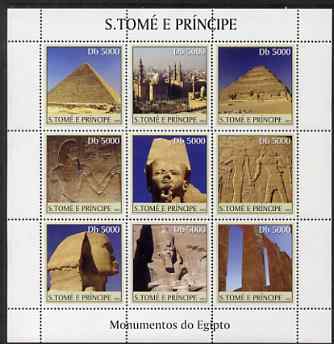 St Thomas & Prince Islands 2003 Monuments of Egypt #1 perf sheetlet containing 9 values unmounted mint Mi 2369-77, stamps on , stamps on  stamps on egyptology, stamps on  stamps on monuments, stamps on  stamps on pyramids, stamps on  stamps on 