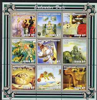 Mozambique 2001 Paintings by Salvador Dali perf sheetlet containing 9 values unmounted mint (9 x 10,000 MT) Mi 2007-15, Sc 1481, stamps on , stamps on  stamps on arts, stamps on  stamps on dali