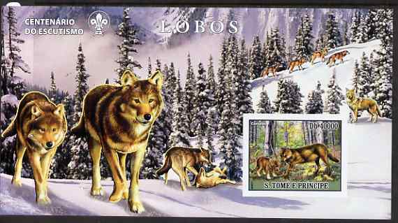 St Thomas & Prince Islands 2007 Wolves large imperf s/sheet containing 1 value (Scout logo in background) unmounted mint, stamps on , stamps on  stamps on animals, stamps on  stamps on wolf, stamps on  stamps on wolves, stamps on  stamps on scouts