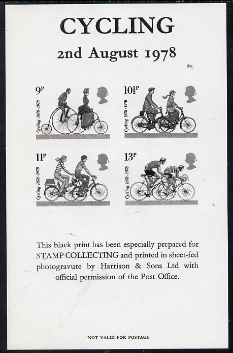 Great Britain 1978 Cycling Centenaries black print set of 4 on official souvenir sheetlet unmounted mint, stamps on transport   bicycles