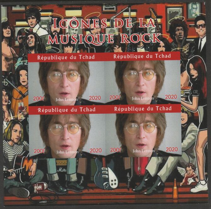 Chad 2020 Rock Music Icons of the Twentieth Century - John Lennon imperf sheetlet containing 4 values unmounted mint. , stamps on music, stamps on rock, stamps on pops, stamps on beatles