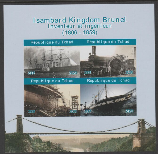 Chad 2020 Isambard Kingdom Brunel imperf sheetlet containing 4 values unmounted mint. , stamps on personalities, stamps on brunel, stamps on ships, stamps on railways, stamps on bridges