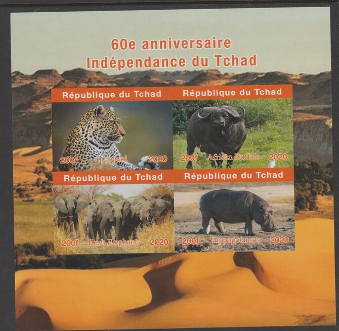 Chad 2020 60th Anniversary of Independence #3 imperf sheetlet containing 4 values unmounted mint. , stamps on animals, stamps on buffalo, stamps on elephants, stamps on hippo, stamps on big cats