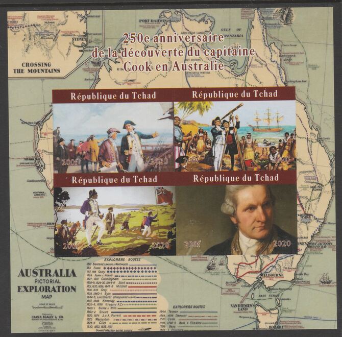 Chad 2020 250th Anniversary of Capt Cook's Voyage to Australia imperf sheetlet containing 4 values unmounted mint. , stamps on , stamps on  stamps on explorers, stamps on  stamps on cook, stamps on  stamps on maps, stamps on  stamps on ships, stamps on  stamps on 