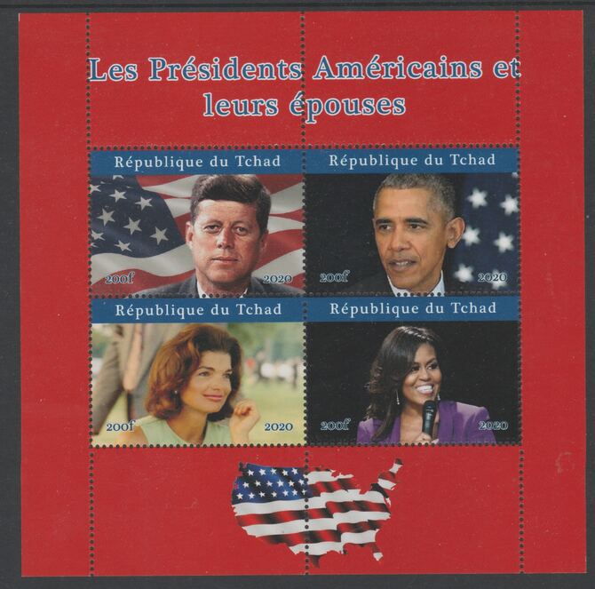 Chad 2020 US Presidents & First Ladies - the Kennedys & Obamas perf sheetlet containing 4 values unmounted mint. Note this item is privately produced and is offered purely on its thematic appeal, stamps on personalities, stamps on us presidents, stamps on kennedy, stamps on obama, stamps on americana