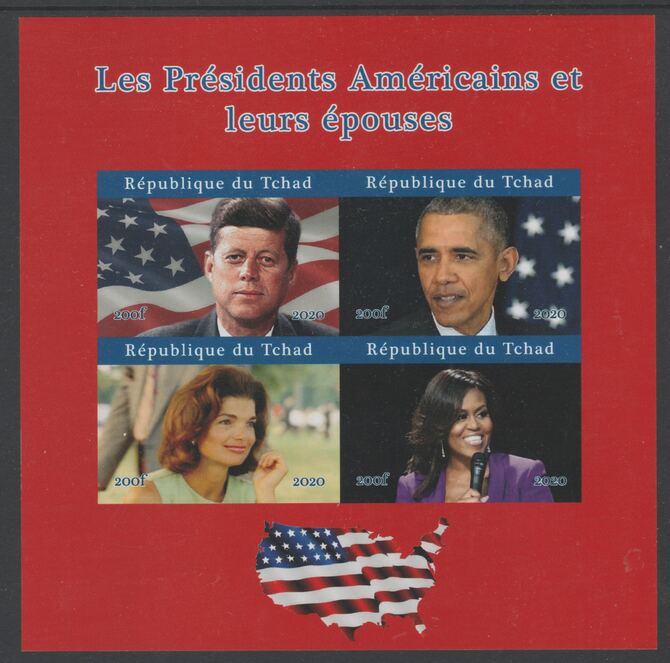Chad 2020 US Presidents & First Ladies - the Kennedys & Obamas imperf sheetlet containing 4 values unmounted mint. Note this item is privately produced and is offered purely on its thematic appeal, stamps on personalities, stamps on us presidents, stamps on kennedy, stamps on obama, stamps on americana