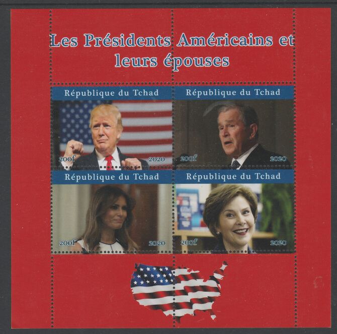 Chad 2020 US Presidents & First Ladies - the Trumps & the Bushes perf sheetlet containing 4 values unmounted mint. Note this item is privately produced and is offered purely on its thematic appeal, stamps on , stamps on  stamps on personalities, stamps on  stamps on us presidents, stamps on  stamps on trump, stamps on  stamps on bush, stamps on  stamps on americana