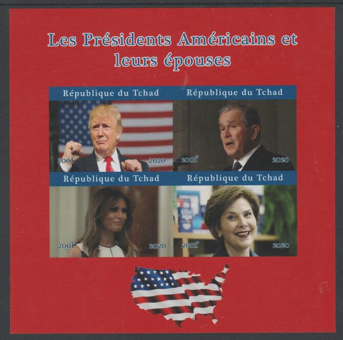 Chad 2020 US Presidents & First Ladies - the Trumps & the Bushes imperf sheetlet containing 4 values unmounted mint. Note this item is privately produced and is offered purely on its thematic appeal, stamps on , stamps on  stamps on personalities, stamps on  stamps on us presidents, stamps on  stamps on trump, stamps on  stamps on bush, stamps on  stamps on americana