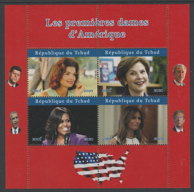 Chad 2020 US First Ladies - Kennedy, Obama, Trump & Bush perf sheetlet containing 4 values unmounted mint. Note this item is privately produced and is offered purely on its thematic appeal, stamps on personalities, stamps on us presidents, stamps on trump, stamps on bush, stamps on kennedy, stamps on obama, stamps on americana