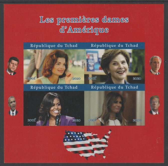 Chad 2020 US First Ladies - Kennedy, Obama, Trump & Bush imperf sheetlet containing 4 values unmounted mint. Note this item is privately produced and is offered purely on its thematic appeal, stamps on personalities, stamps on us presidents, stamps on trump, stamps on bush, stamps on kennedy, stamps on obama, stamps on americana