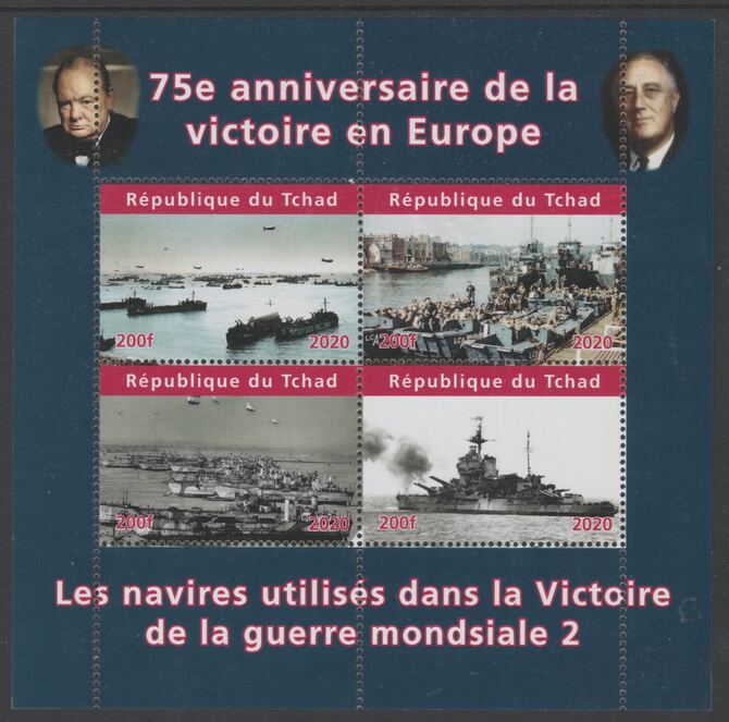 Chad 2020 75th Anniversary of Victory in Europe #2 perf sheetlet containing 4 values unmounted mint. Note this item is privately produced and is offered purely on its the..., stamps on ships, stamps on  ww2 , stamps on churchill, stamps on roosevelt