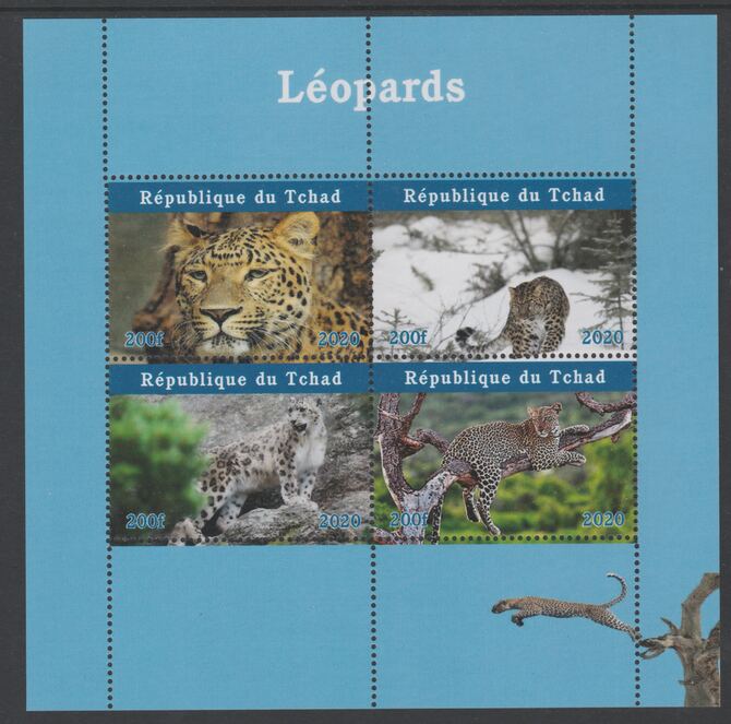 Chad 2020 Leopards perf sheetlet containing 4 values unmounted mint. Note this item is privately produced and is offered purely on its thematic appeal, stamps on leopards, stamps on cats, stamps on animals