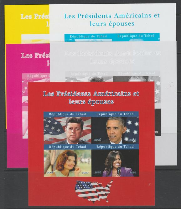 Chad 2020 US Presidents & First Ladies - the Kennedys & Obamas imperf set of 5 progressive sheets comprising the 4 individual colours and completed design unmounted mint...., stamps on personalities, stamps on us presidents, stamps on kennedy, stamps on obama, stamps on americana