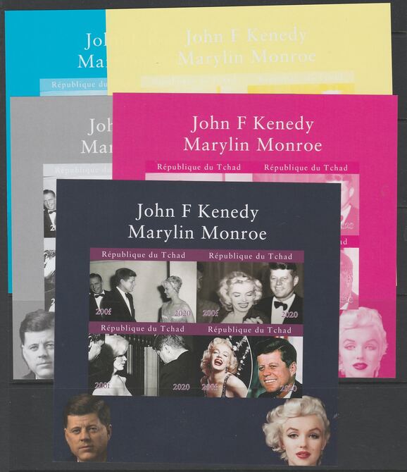 Chad 2020 John Kennedy & Marilyn Monroe imperf set of 5 progressive sheets comprising the 4 individual colours and completed design unmounted mint. Note this item is priv..., stamps on personalities, stamps on us presidents, stamps on kennedy, stamps on marilyn., stamps on americana