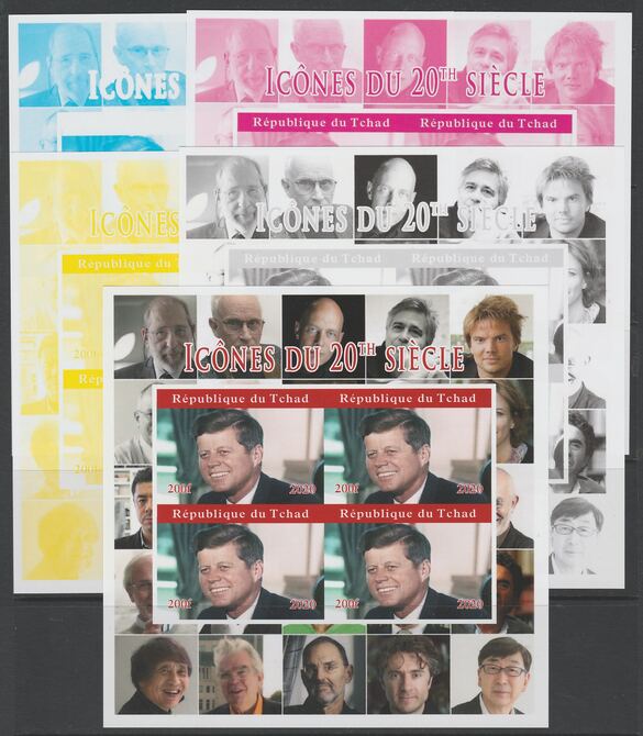 Chad 2020 Icons of the 20th Century - John Kennedy imperf set of 5 progressive sheets comprising the 4 individual colours and completed design unmounted mint. Note this i..., stamps on personalities, stamps on us presidents, stamps on kennedy., stamps on americana