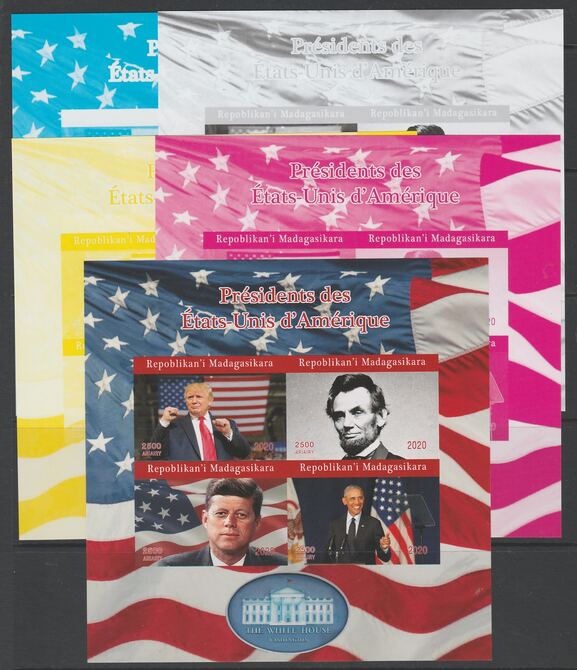 Madagascar 2020 US Presidents - Kennedy, Trump,Obama & Lincoln imperf set of 5 progressive sheets comprising the 4 individual colours and completed design unmounted mint. Note this item is privately produced and is offered purely on its thematic appeal, stamps on , stamps on  stamps on personalities, stamps on  stamps on us presidents, stamps on  stamps on kennedy, stamps on  stamps on obama, stamps on  stamps on americana, stamps on  stamps on trump.lincoln