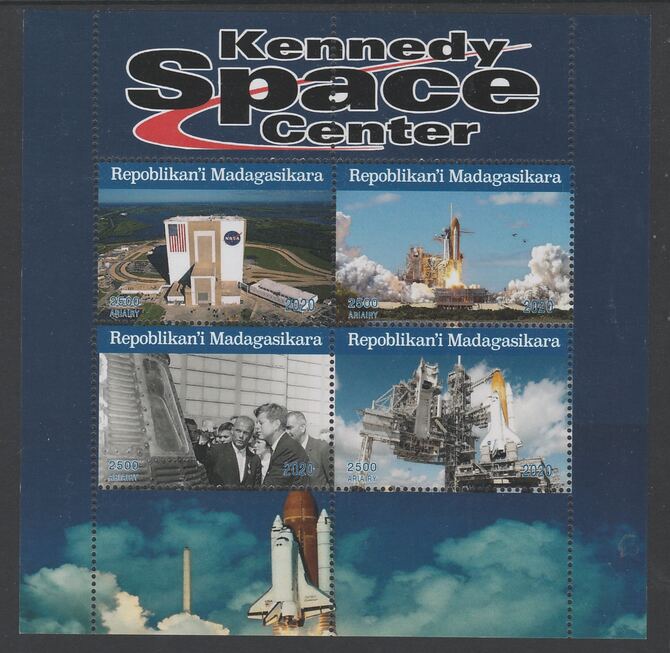 Madagascar 2020 Kennedy Space Centre perf sheetlet comprising 4 values unmounted mint. Note this item is privately produced and is offered purely on its thematic appeal, stamps on space, stamps on kennedy, stamps on shuttle, stamps on rockets
