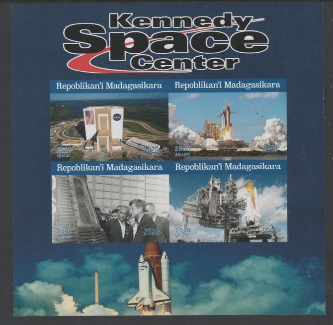 Madagascar 2020 Kennedy Space Centre imperf sheetlet comprising 4 values unmounted mint. Note this item is privately produced and is offered purely on its thematic appeal, stamps on space, stamps on kennedy, stamps on shuttle, stamps on rockets